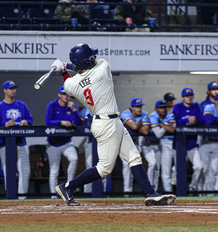 Ole Miss left fielder Ethan Lege led the Rebels in RBIs on Friday night with three.